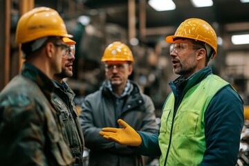 Construction Workers in Hard Hats Discussing Project Plans