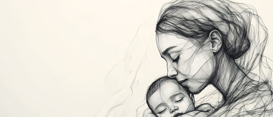Fototapeta premium Mother and Child Tenderly Embracing in a Pen and Ink Drawing
