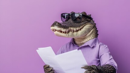 Alligator in Formal Attire Reviewing Documents