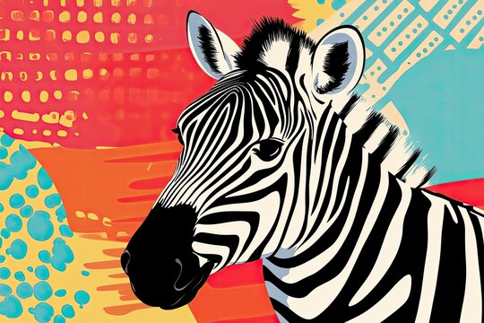A funky zebra in Pop art style with bright, contrasting stripes and a graphic background