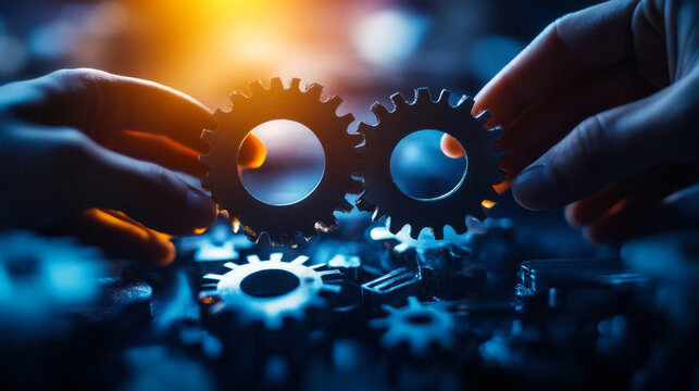 Hands engaging with interlocking metal gears in a workshop during twilight, highlighting precision and craftsmanship in machinery
