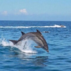 Fototapeta premium A full shot of a pod of dolphins leaping through the water, with rack focus shifting from the closest dolphins in the pod to the more distant, blurred forms of the pod in the background