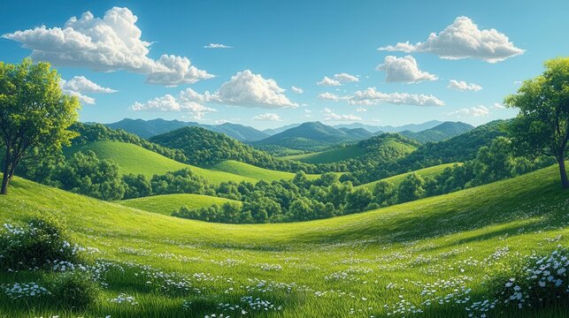 idyllic summer landscape featuring rolling hills adorned with lush green grass and a brilliant blue sky dotted with white fluffy clouds presented in a flat cartoon style illustration