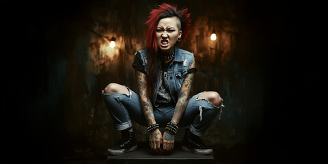 Fototapeta premium Runk Rock Asian Girl, Edgey Woman, Beauty, Tough, Leather Jacket, Spiked Red Hair, Style Graphic