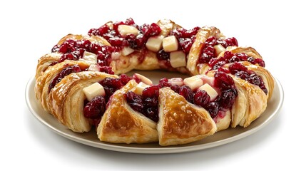 Delicious cherry danish ring with cream cheese on white plate