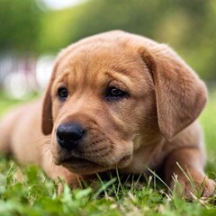 A close-up shot of a Labrador Retriever puppy with its nose against the camera lens, creating a humorous and adorable perspective, the deep focus revealing the texture of its fur