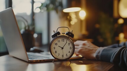 Time Management: A close-up shot of a person working on a laptop with an alarm clock in the foreground, symbolizing the importance of time management and productivity in a modern workspace.