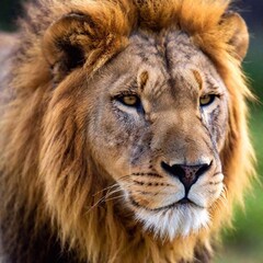 A close-up photo portrait of a lion with its head slightly tilted, deep focus on the softness of its mane flowing in the wind, eye-level shot capturing a gentle yet powerful expression