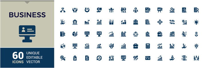 Business filled icon set. Contains related to investment, business strategy, business, financial, finance and more. Minimal solid icons. Editable vector illustration.