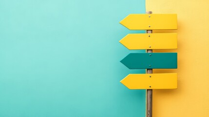 Obraz premium Directional Arrows: A teal arrow points a different direction than the yellow arrows against a blue and yellow background. Concept of a different path or choice. 