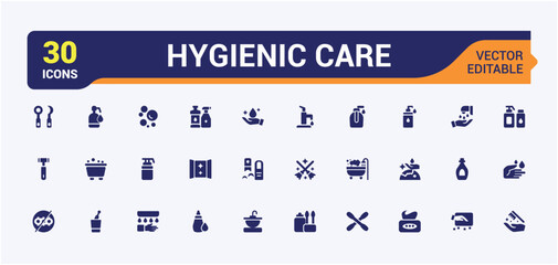 Hygiene solid icons set. Contains such icons as healthy, prevention, antibacterial, hygiene, cleaning, washing and more. Modern filled icons. Editable vector illustration.