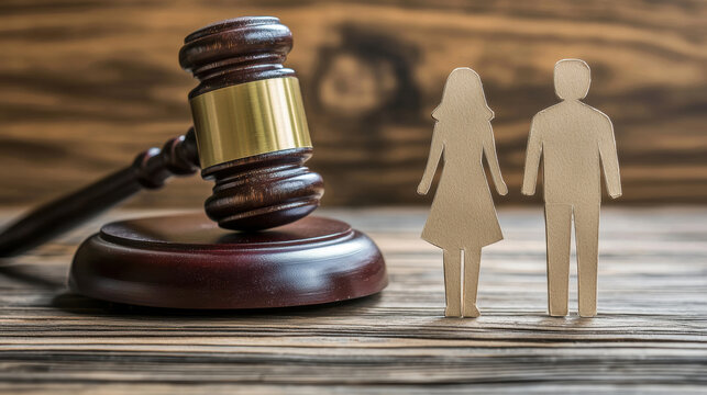 Judge's gavel and two paper figures of man and woman