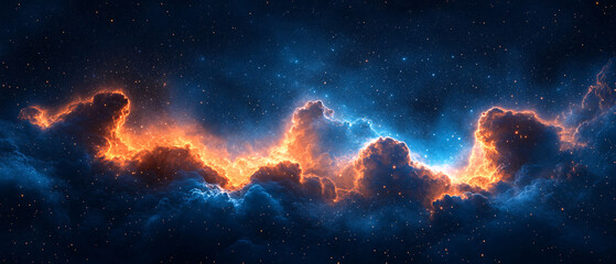 Fototapeta premium Cosmic Nebula with Fiery Orange and Blue Clouds in Deep Space