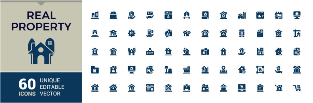 Real Estate icons in solid style. Contains such icons as estate, real property, realty, land assets, land development and more. Thin filled style icons pack. Vector icons editable sign.