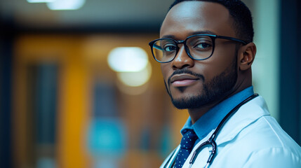 Obraz premium Confident doctor in a white coat with stethoscope standing in a modern hospital corridor during daylight hours