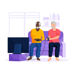 Old people. Two elderly men are playing video games on a sofa in a cozy living room with a television and bookshelf. Ideal for senior activities, friendship, leisure, technology, aging with fun. Flat