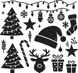 Christmas Icon Bundle in Black and White with Holly, Candy Cane, and Festive Symbols