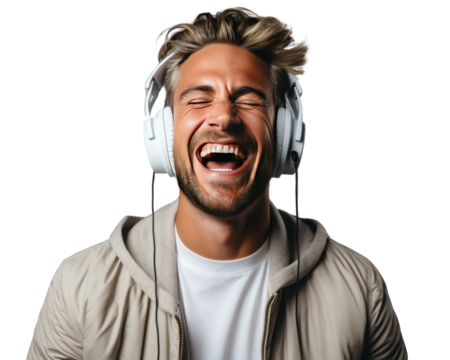 A man is wearing headphones and smiling while listening to music - Powered by Adobe