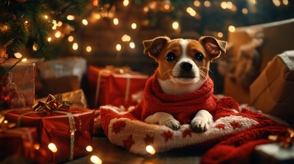 A heartwarming scene of a pet dressed in festive attire, surrounded by twinkling lights and presents. Promote responsible pet ownership during holidays and beyond