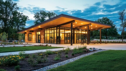 Obraz premium Modern Pavilion at Dusk: Architectural marvel illuminated at twilight, showcasing sleek design, warm lighting, and lush landscaping. A perfect blend of modern aesthetics and natural beauty. 