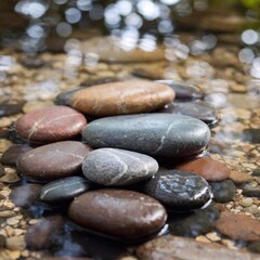 Stone and Water: A flatlay of smooth river stones arranged around a shallow dish of water, reflecting their textures and colors, captured in deep focus to reveal the interplay of natural elements in