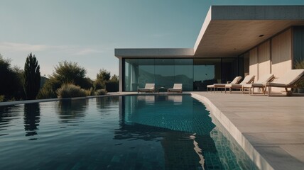 Modern villa with infinity pool and patio overlooking a scenic landscape.