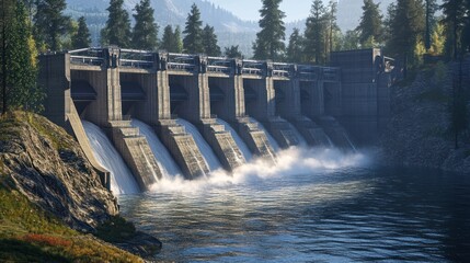 A hydroelectric dam with powerful water currents driving massive turbines
