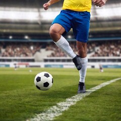A close-up full shot of a soccer player in action, running toward the goal with the ball at their feet. The entire field and stadium are in deep focus, emphasizing the intensity of the moment from an