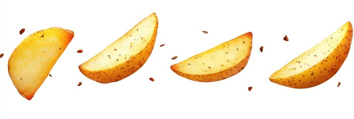 Golden Potato Wedges Flying in the Air on White Background