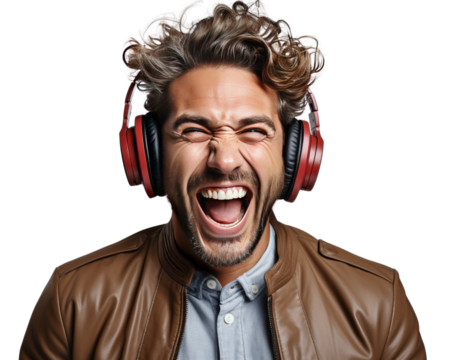 A man wearing headphones and a brown jacket is smiling and laughing