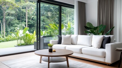 A bright and airy modern living room featuring a sleek white sofa, large glass doors opening to a lush garden with abundant greenery, creating a tranquil atmosphere.