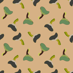 Seamless mushroom pattern. Wild fungi season background. Autumn repeated wallpaper. Perfect for wrapping, kitchenware design, stationery, packaging, web decor, scrapbooking projects.
