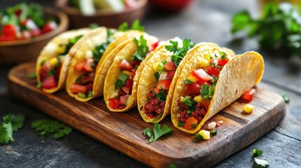 Fresh Vegetable Tacos on a Wooden Board in a Mexican Kitchen