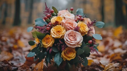 A bouquet of roses surrounded by autumn leaves.