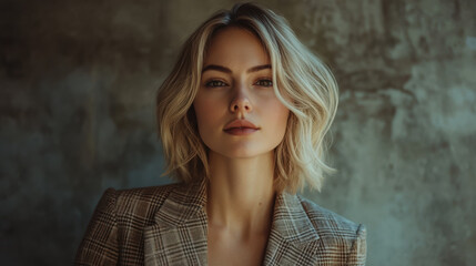 Fototapeta premium A woman with wavy blonde hair poses confidently against a textured wall in soft natural lighting, showcasing a stylish blazer