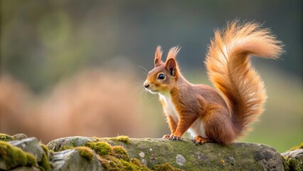 Obraz premium Rare red squirrel with bushy tail on stone wall in North Yorkshire England