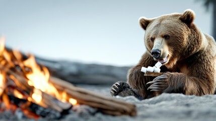 Obraz premium A bear enjoys snacking on marshmallows next to a campfire, showcasing a playful yet serene interaction with natural elements in a tranquil outdoor setting.