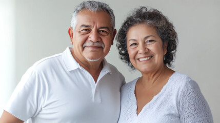 anniversary of an old Latin couple. super happy couple. white background. white clothes