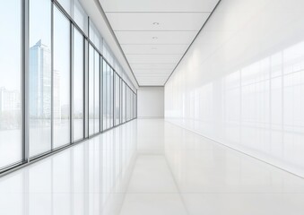 Obraz premium Modern white hallway with glass walls and city view.
