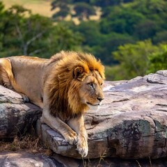 Obraz premium A macro photo of a lion resting on a rocky outcrop, deep focus on its relaxed posture and the texture of its mane, high-angle shot capturing the full body of the lion and the expansive landscape