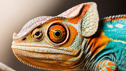 Fototapeta premium Vibrant Vision A Close-Up of a Chameleon, Highlighting Intricate Skin Texture and Striking Eye Patterns in a Mosaic of Turquoise, Orange, and Yellow Against a Softly Blurred Background