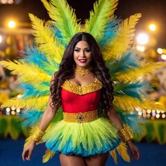 Fototapeta premium Full body shot of a red skinny non-binary long hair adult in a Rio Carnival costume, positioned against a festive backdrop with carnival blue lights and yellow decorations. The costume should be