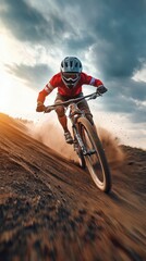 Naklejka premium A mountain biker rides down a dirt path, kicking up dust and dirt.