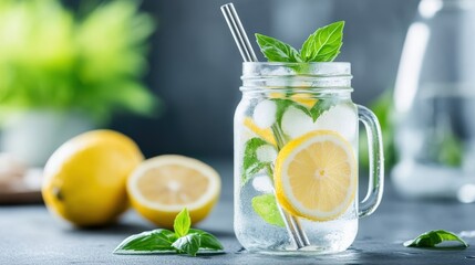 Fototapeta premium A mason jar stylishly displays refreshing citrus water, featuring fresh basil leaves and a slice of lemon, complemented by a metal straw, placed on a rustic table.