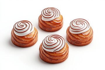 Delicious cinnamon rolls with creamy frosting, isolated on a white background.
