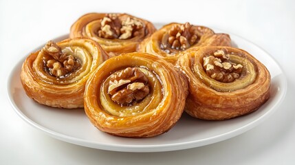 Fototapeta premium Delicious fresh walnut danish pastries on white plate