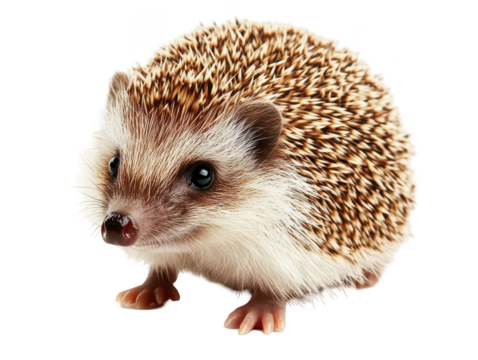 Adorable hedgehog with spiky fur facing forward on a white background.