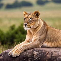 Obraz premium A full shot photo of a lioness resting on a large rock, deep focus on its relaxed posture and the texture of its mane, low-angle shot capturing the full body against a backdrop of the expansive