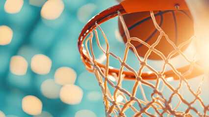 Basketball in mid-air approaching the hoop under arena lights. Action shot during a game with a blurred crowd in the background. Sports competition and scoring concept.