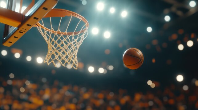 Basketball in mid-air approaching the hoop under arena lights. Action shot during a game with a blurred crowd in the background. Sports competition and scoring concept.